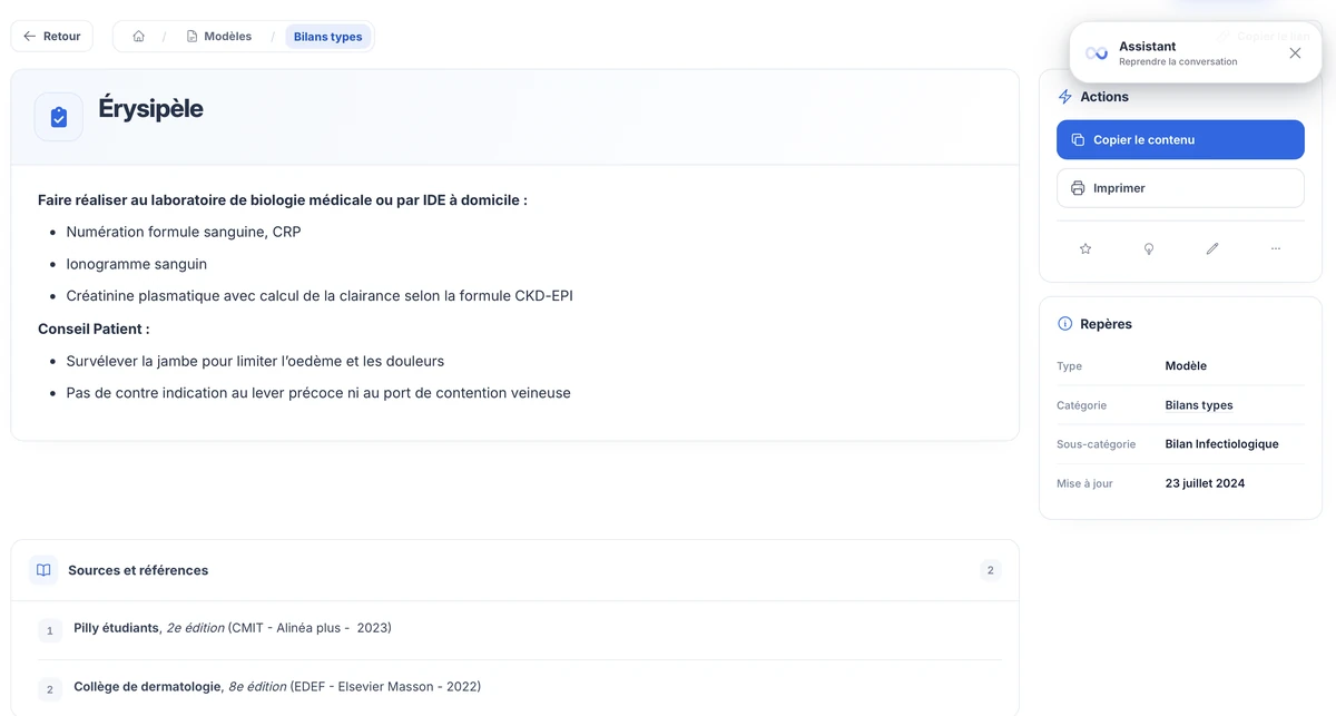 Fiche Érysipèle dans Clic4Care : contenu, actions, sources et bouton Reprendre la conversation.