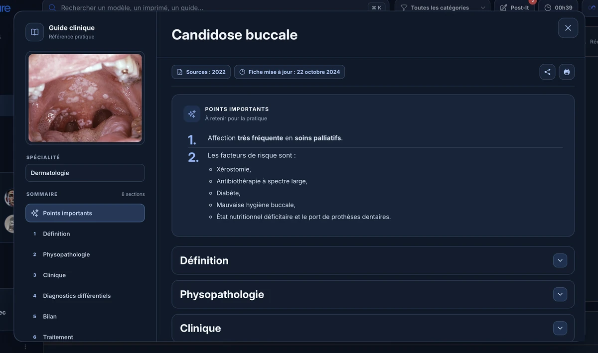 Guide Candidose buccale en mode sombre, avec sommaire, dates et points importants.