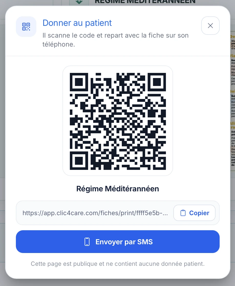 Partage de la fiche Régime Méditerranéen au patient par QR code dans Clic4Care.