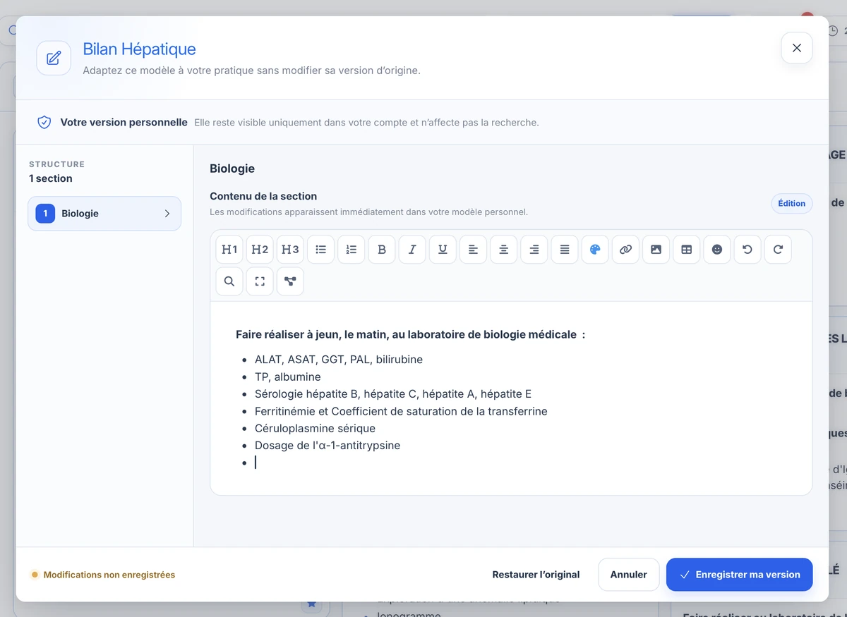 L’éditeur de modèle avec sa structure, ses outils de mise en forme et le bouton Enregistrer ma version.