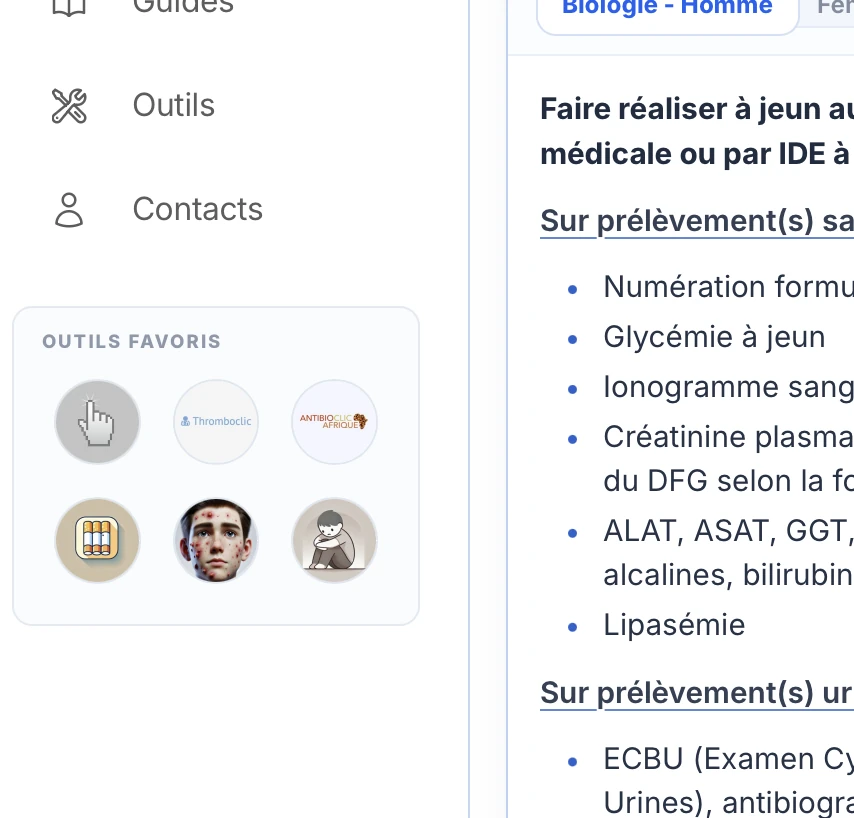 Les outils favoris restent visibles dans la barre latérale de Clic4Care pendant la consultation d’un modèle de biologie.