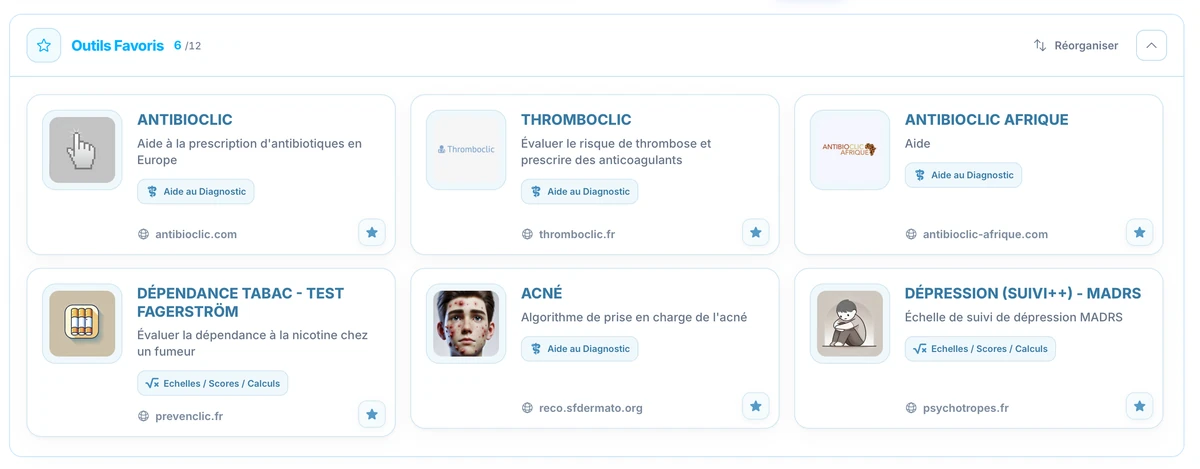 Outils favoris Clic4Care : Antibioclic, Thromboclic, Antibioclic Afrique, test de Fagerström, Acné et échelle MADRS, avec catégories et sites d’origine.