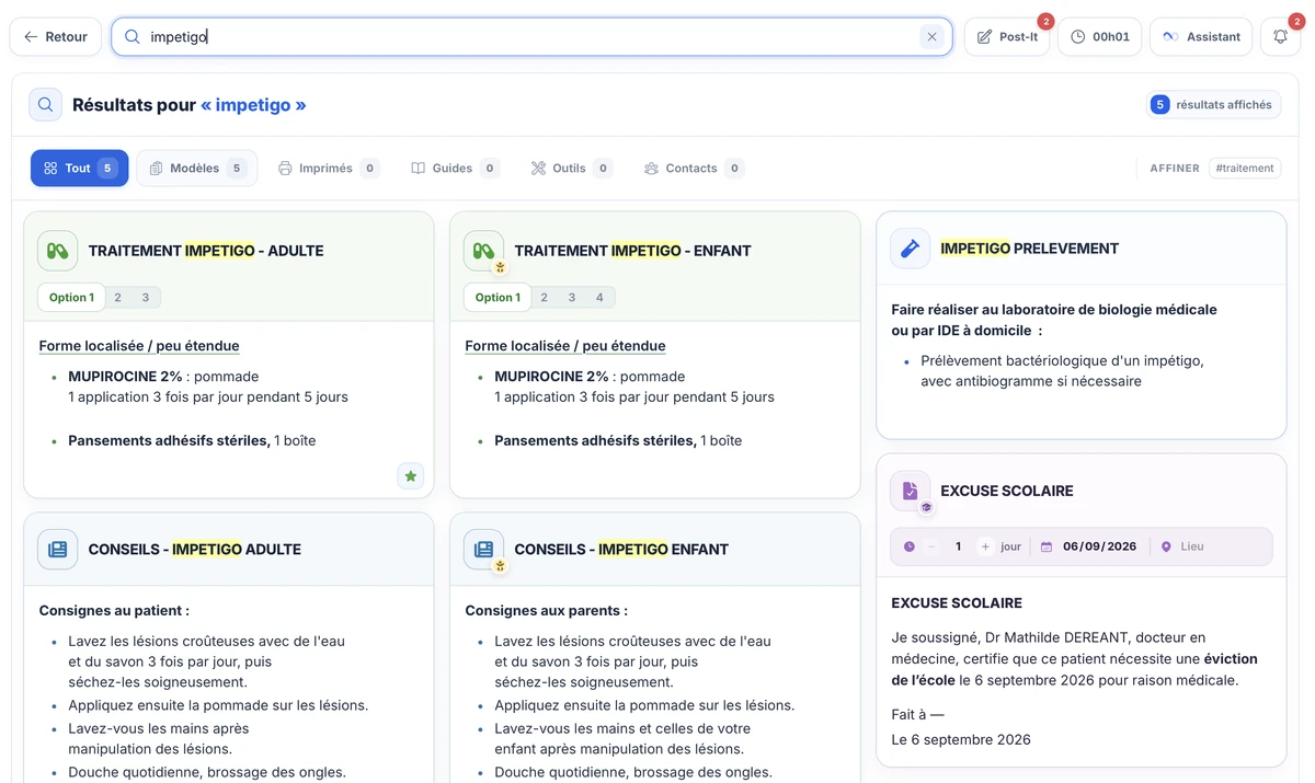Recherche impetigo : filtres par type, affinement traitement et cartes de modèles dans Clic4Care.