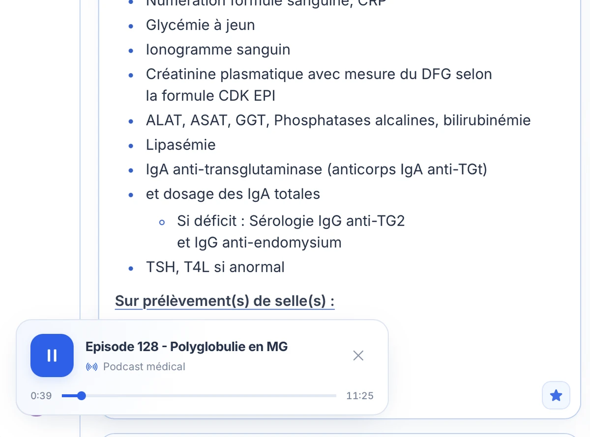 Lecteur flottant de podcast Clic4Care affiché au-dessus d’un document, avec pause, progression et durée de l’épisode.