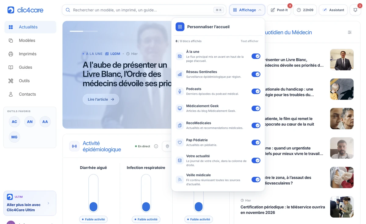 Menu Affichage de Clic4Care : huit blocs de la page d’accueil peuvent être affichés ou masqués individuellement.